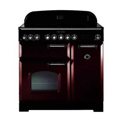 Rangemaster Classic Deluxe 90cm Electric Induction 90240 Range Cooker in Cranberry with Chrome Trim and Induction Hob Rangemaster Classic Deluxe 90cm Electric Induction 90240 Range Cooker in Cranberry with Chrome Trim and Induction Hob
